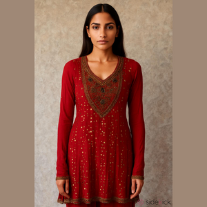 Red Long Sleeve Bib Collar Embellished Tunic